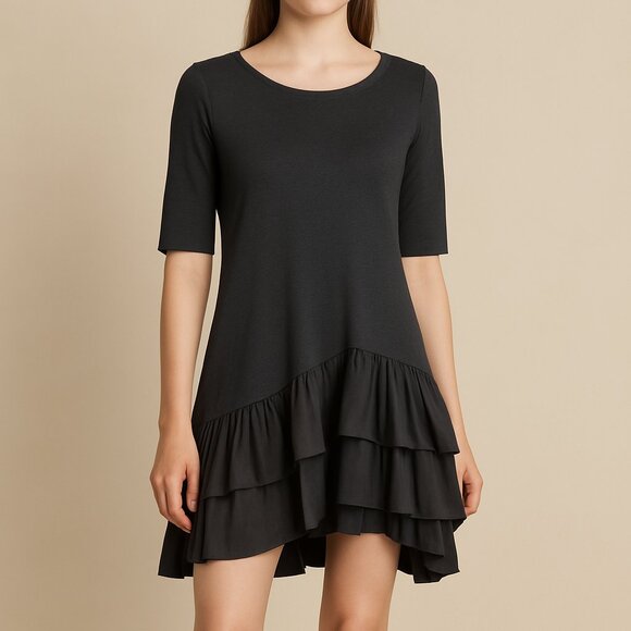 Morgane Le Fay Black Draped Ruffle Hem Dress - Picture 1 of 8